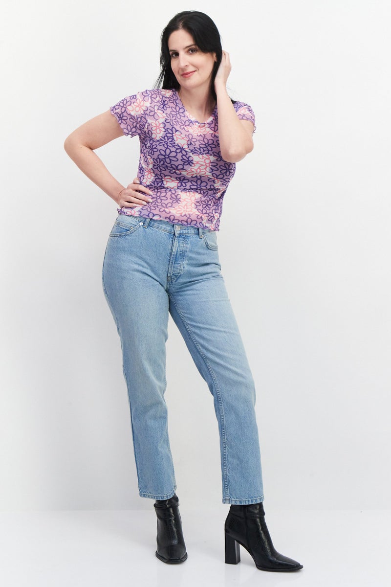 Misfit Women Crew Neck Short Sleeves Printed Top, Lilac Combo - Image 4